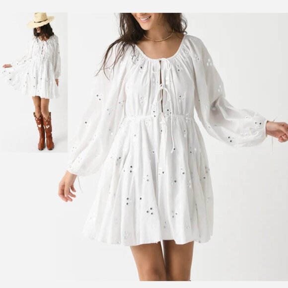 NEW $525 RHODE REN TIE FRONT COTTON MINI DRESS IN WHITE MIRROR DAISY SIZE S - Picture 2 of 8